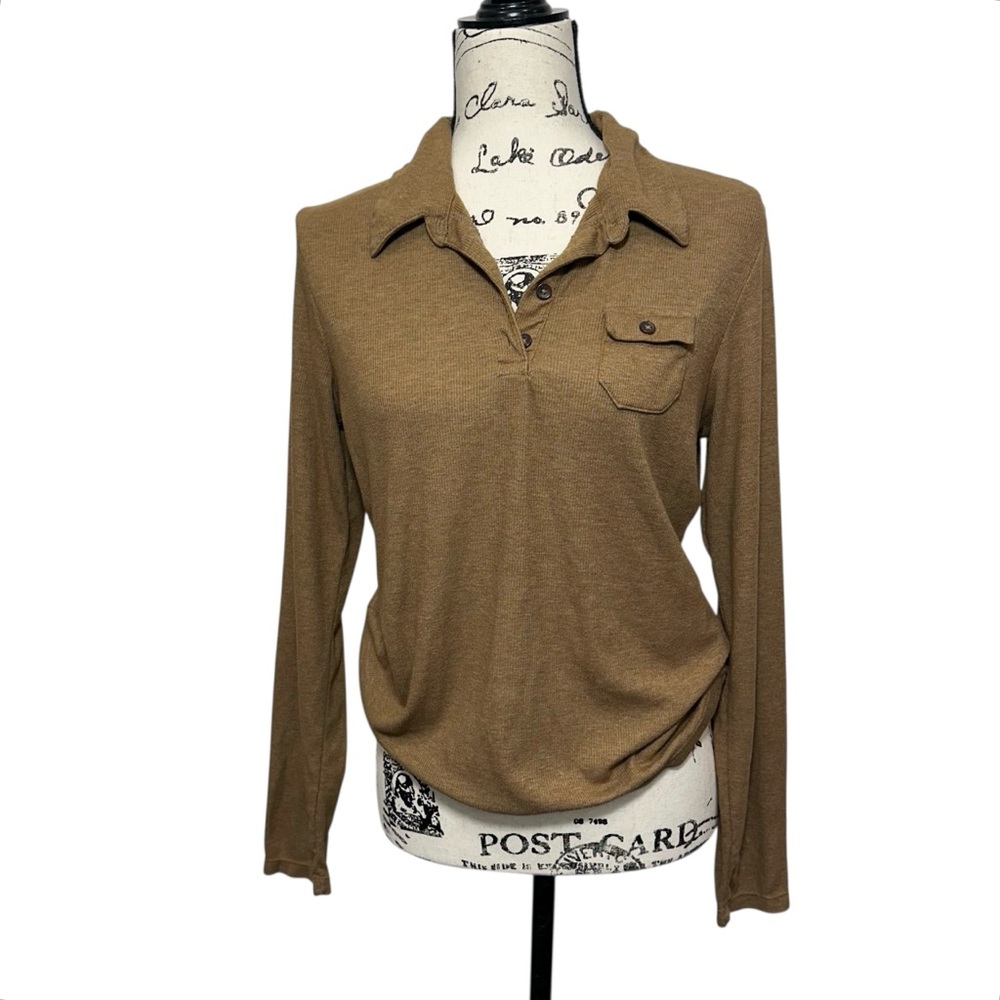 Vintage‎ Old Navy Y2K Camel Ribbed Knit Stretch Polo Top, Large